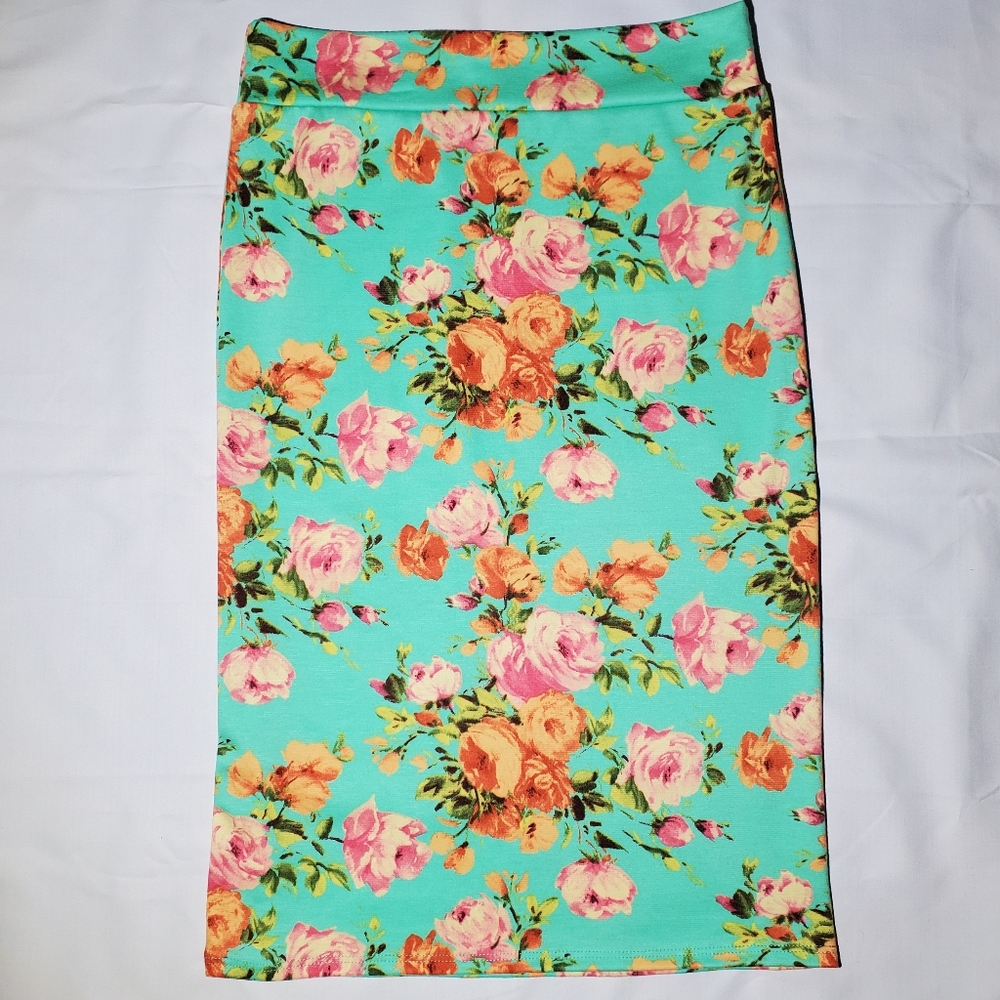 SOLD - Azules Floral Orange/Pink/Teal Pencil Skirt Medium Mint Green Peony Rose